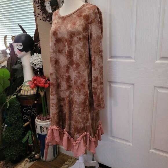 LOGO by Lori Goldstein Dress Pink Large Tie Dye Fall Ruffles Trim Pocket - Picture 1 of 7
